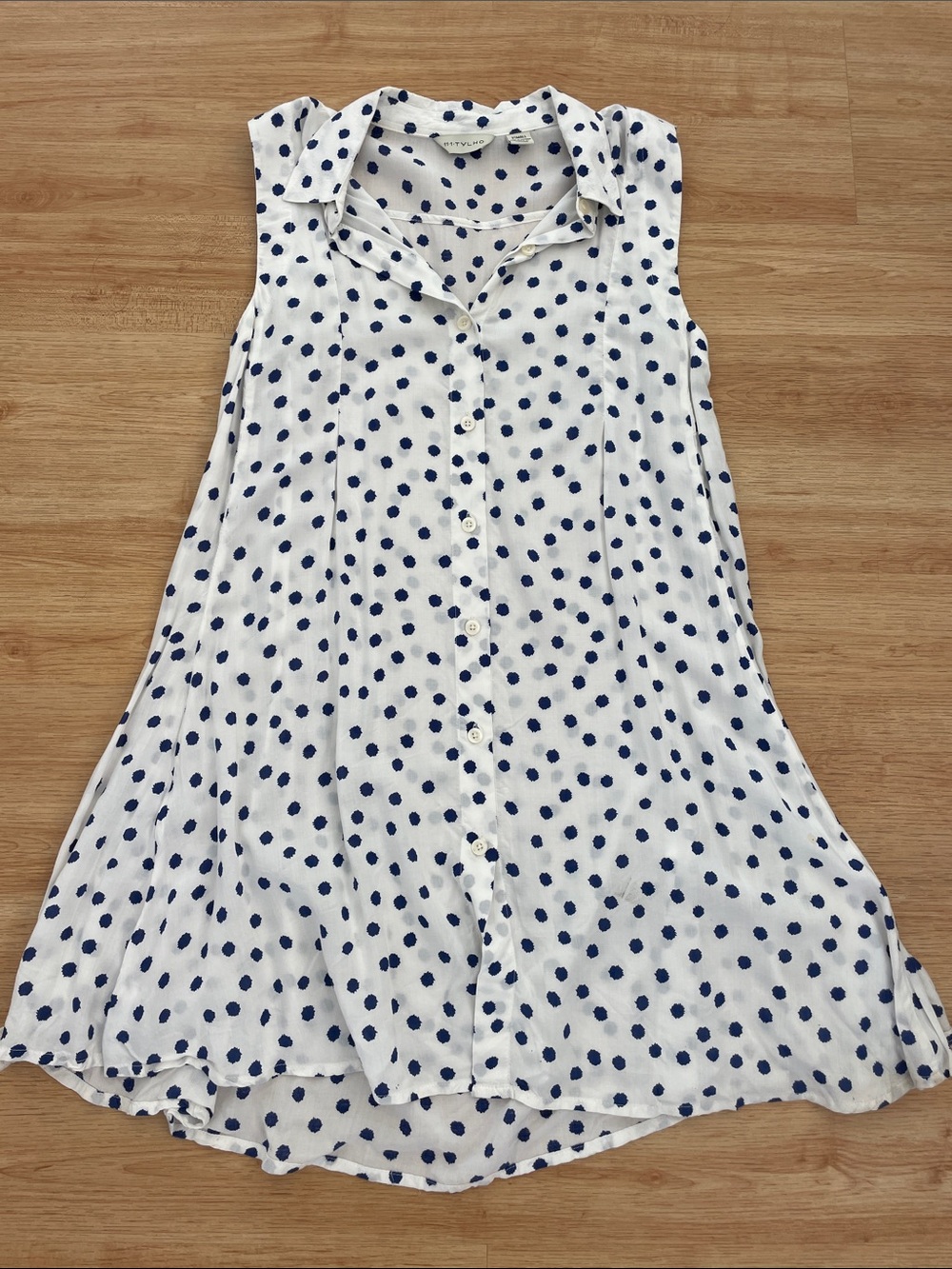 Anthropologie White and Navy Polka Dot Sleeveless Button-Front Dress